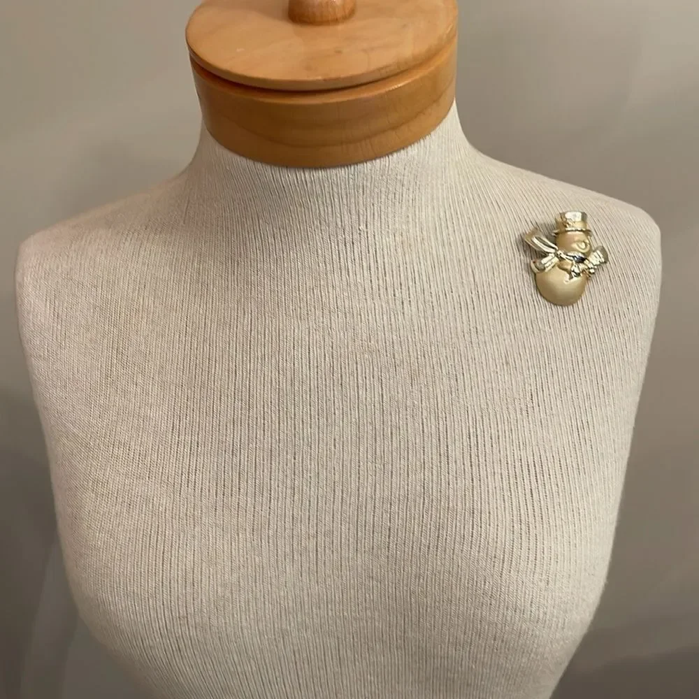 Vintage Matte & Shiny Gold-tone Colored Snowman Pin Holiday Brooch Christmas Pin